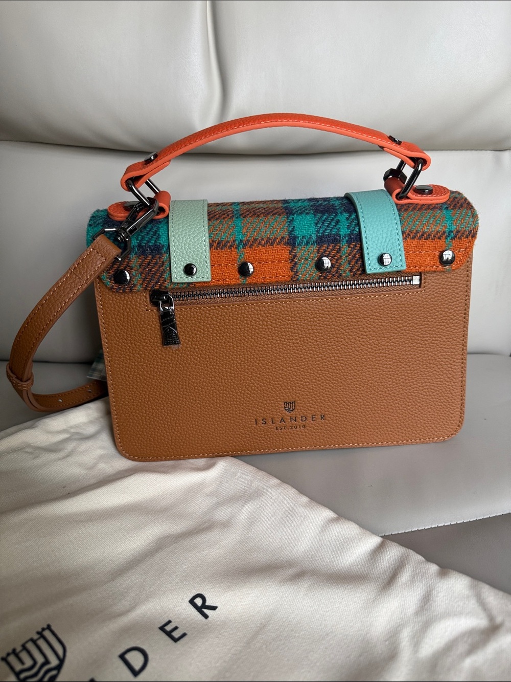 Islander Orange Plaid Satchel with Mint and Tan Trim - Picture 2 of 5